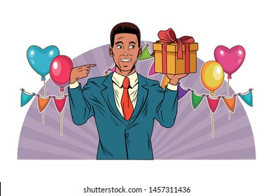 man avatar with gift box afro american wearing suit profile picture. cartoon character portrait with colorful and strips.