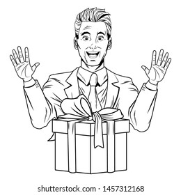 man avatar with gift box wearing suit profile picture cartoon character portrait in black and white. vector illustration.