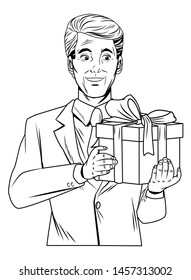 man avatar with gift box wearing suit profile picture cartoon character portrait in black and white. vector illustration.