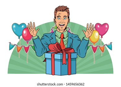 man avatar with gift box wearing suit profile picture cartoon character portrait with colorful and strips background with heart