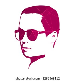 Man avatar half turn view. Gradient paint male face silhouette or icon. Portrait with sunglasses. Silhouette textured by lines and dots pattern