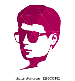 Man avatar half turn view. Gradient paint male face silhouette or icon. Portrait with sunglasses. Silhouette textured by lines and dots pattern