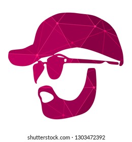 Man avatar. Half turn view. Silhouette of man that wearing hat and sunglasses. Connected lines with dots.