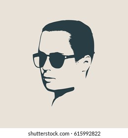 Man avatar. Half turn view. Isolated male face silhouette or icon . Vector illustration. Portrait with sunglasses