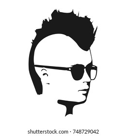Man avatar half turn view. Male face silhouette or icon. Portrait with sunglasses. Mohawk hairstyle