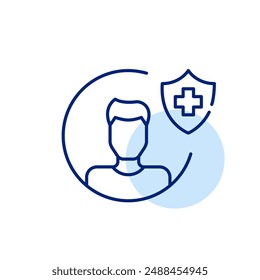 Man avatar and health insurance shield with cross. Individual medical services coverage. Pixel perfect, editable stroke icon