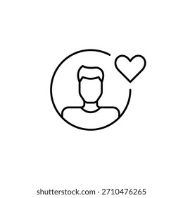 Man avatar and heart. Customer support online, trusted remote user care, user focused services. Pixel perfect, editable stroke vector icon