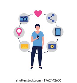 Man Avatar mit Symbolsatz Design, Digital Marketing und E-Commerce Thema Vektorgrafik