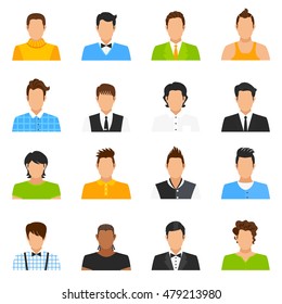 Man avatar icons set with hairstyle and clothes flat isolated vector illustration 