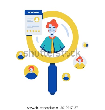 A man avatar inside a magnifying glass, Job hiring recruitment, Candidate profile selection vector illustration