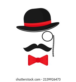 Man avatar item set black hat eyeglasses monocle, bow tie. Fashion vector illustration for gift card certificate banner sticker badge stamp logo, label vector.