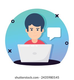 Un avatar del hombre con la burbuja del ordenador portátil y del chat que muestra el icono del concepto de la conversación en línea, vector de la comunicación en línea
