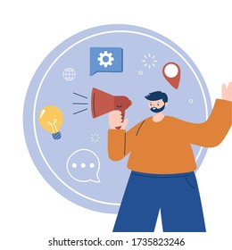 Avatar del hombre con diseño megáfono, marketing digital y tema del ecommerce Ilustración vectorial