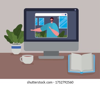 Man avatar on computer in video chat design, Call online conference and webcam theme Vector illustration
