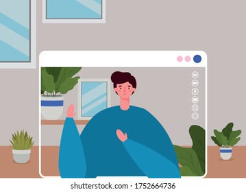 Man Avatar auf der Website im Video-Chat und Pflanzen im Potdesign, Online-Konferenz anrufen und Webcam-Thema Vektorgrafik
