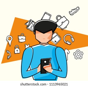 man avatar with online shopping icons pop art style