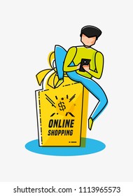 man avatar with online shopping icons pop art style