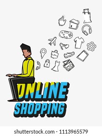 man avatar with online shopping icons pop art style