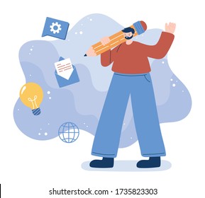 Avatar de hombre con diseño de lápiz, marketing digital y tema de ecommerce Ilustración vectorial