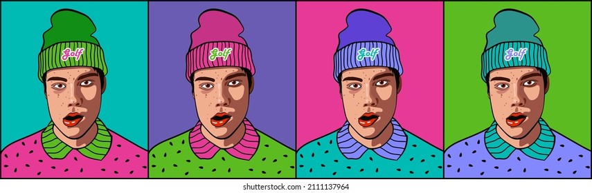 Man Avatar People Vector. Face emotions. Pop art face. Funny guy with a cap with an open mouth. Color picture.