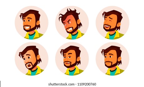 Man Avatar People Vector. Facial Emotions. Default Placeholder. Indian Colored Member. Angry, Smile. Face Silhouette. Cartoon Character Illustration
