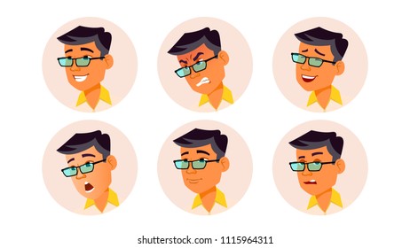 Man Avatar People Vector. Korean, Thai, Vietnamese. Facial Emotions. User Person. Expressive Picture. Pretty User. Happy, Unhappy. Isolated Flat Cartoon Illustration