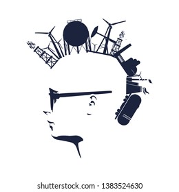 Man avatar profile view. Face silhouette with industrial icons as a hair. Mohawk hairstyle. Portrait with sunglasses