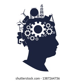 Man avatar profile view. Face silhouette with industrial icons as a hair. Mohawk hairstyle. Portrait with sunglasses. Gears group as a symbol of a brains