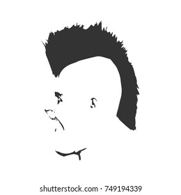 Man avatar profile view. Male face silhouette or icon. Wide open mouth. Mohawk hairstyle