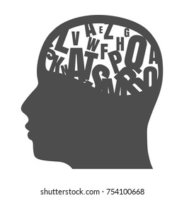 Man avatar profile view. Mental health relative icon. Scientific medical designs. Various letters in brains.