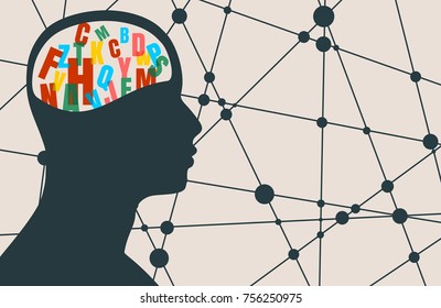 Man avatar profile view. Mental health relative icon. Scientific medical designs. Various letters in brains. Connected lines with dots.