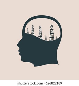 Man avatar profile view. Silhouettes of the gas rig inside the head of a man. Vector illustration.