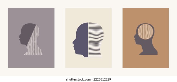 Vista de perfil de avatar del hombre texturada por el patrón de líneas. Concepto de enfermedad psiquiátrica de salud social y mental. Plantilla para banner. Collage en rodajas