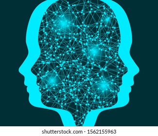 Man avatar profile view. Two face silhouettes connected with lines and dots.