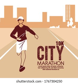 man avatar running on track and 10k city marathon design, athlete training and fitness theme Vector illustration