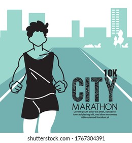 man avatar running on track and 10k city marathon design, athlete training and fitness theme Vector illustration
