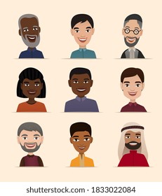 Un avatar de hombre. Hombre multiétnico aislado, íconos de la cabeza del personaje de caricatura masculina. Jóvenes, adultos, adultos mayores enfrentan colección de avatares. Ilustración vectorial de grupo de personas diversas