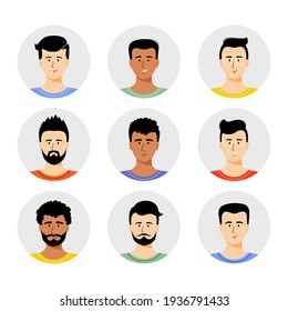 Man avatar set vector illustration. Young boys portrait with different hair style isolated on white background. Different nationalities