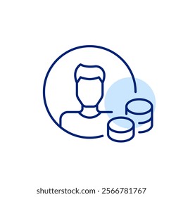 Man avatar with stacks of coins. Personal account balance. Pixel perfect, editable stroke icon