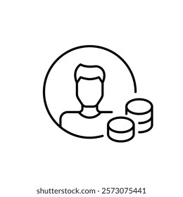 Man avatar with stacks of coins. Personal account balance. Pixel perfect vector icon