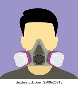 Hombre avatar Ilustración vectorial. Cara del hombre que lleva la máscara respiratoria para el equipo de protección personal contra el polvo, los vapores y el gas tóxico.