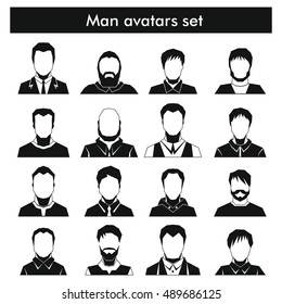 Man avatars set in black simple style. Vector illustration