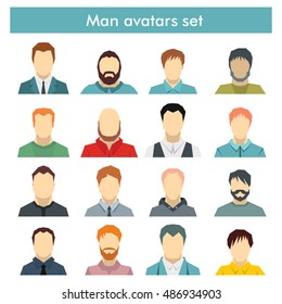 Man avatars set in flat style. Man heads isolated on white background - stock vector
