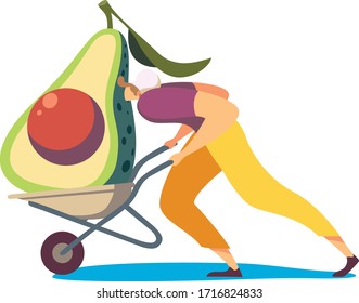 Man with avocado in cart concept and vector illustration on white background. Chef cook food. People prepare food and tasty meal. Male characters with fruit and vegetable. Flat style.