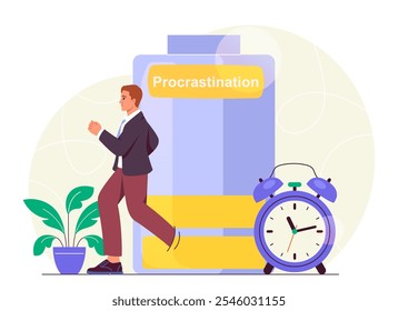 Homem evitando procrastinação. Jovem corre de despertador e bateria com baixa energia. Motivação e liderança. Trabalhador esforçado. Ilustração de vetor plano isolada no plano de fundo branco