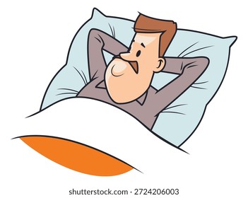 Hombre despierto en la cama contemplando algo. Gente graciosa. Concepto de ilustración para el desarrollo de Sitios web y Sitios web móviles.