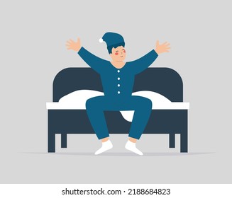 Man awake from sleep wearing a pyjamas in the morning. Happy teenage boy gets out of the cozy bed and stretching his arms. Concept of good mood, healthy lifestyle and mental wellbeing. Vector stock