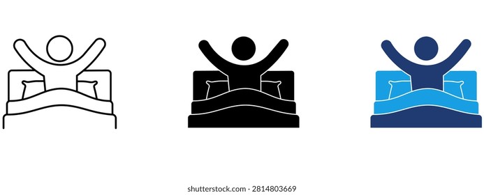 Man Awakening In Bed Icon Set. Featuring Happy Morning, Bedroom Comfort, Blanket and Healthy Sleep Icons.