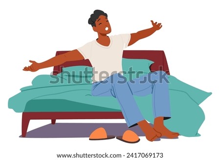 Man Awakens At Dawn, Greeted By The Gentle Embrace Of Sunlight. Male Character Stretching, He Rises From Slumber, Ready To Embrace The New Possibilities of the Day. Cartoon People Vector Illustration