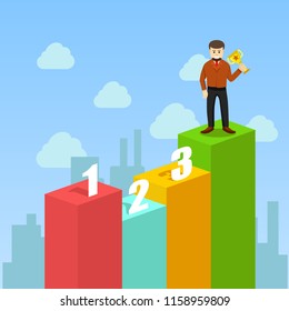 Man with award in hands, first place. Business vector illustration